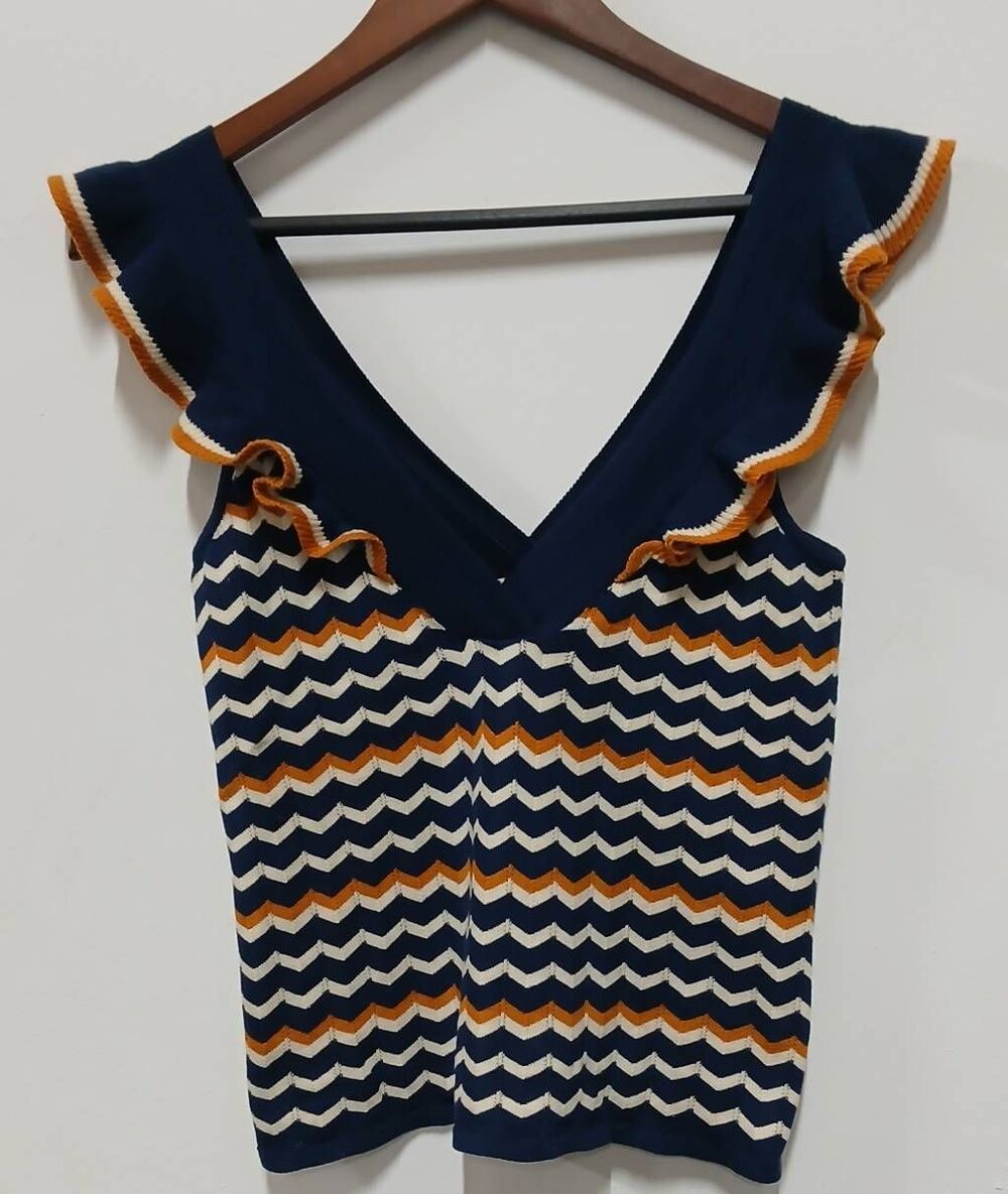 Sezane womens small chevron top blue rust gold ruffle sleeve Coquette dainty